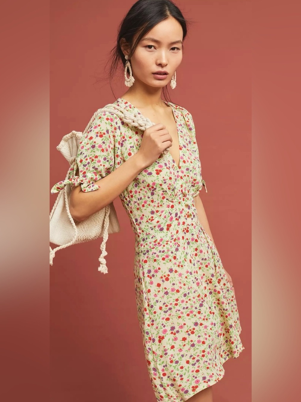Faithfull The Brand Bastille Mini Dress Floral Button Front Tie Sleeve Size 8/L
